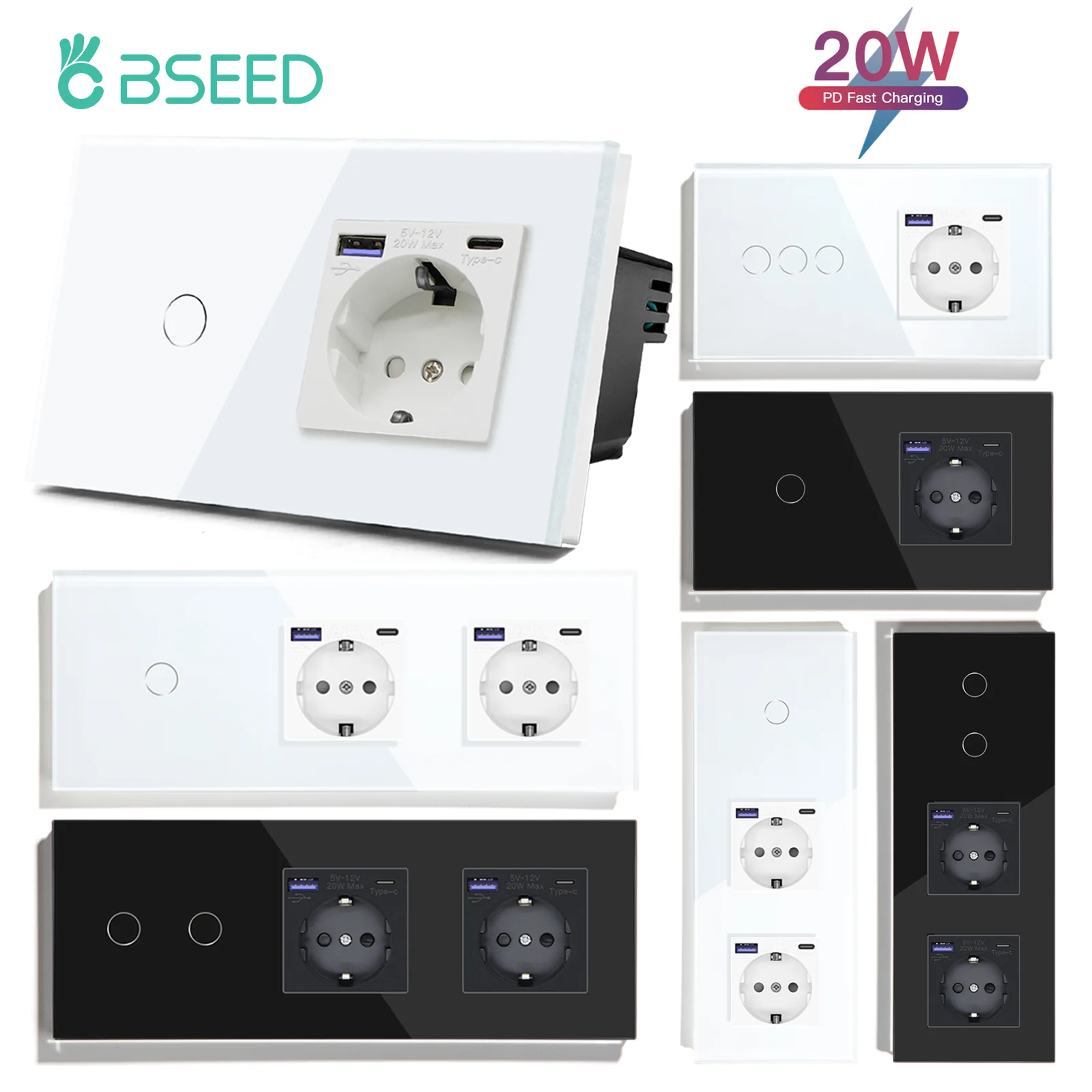 

BSEED 1/2/3Gang Touch Light Switch 1/2Way Plus Power Sockets With 20W USB Type-c Fast Charging Ports EU Standard Blue Backlight