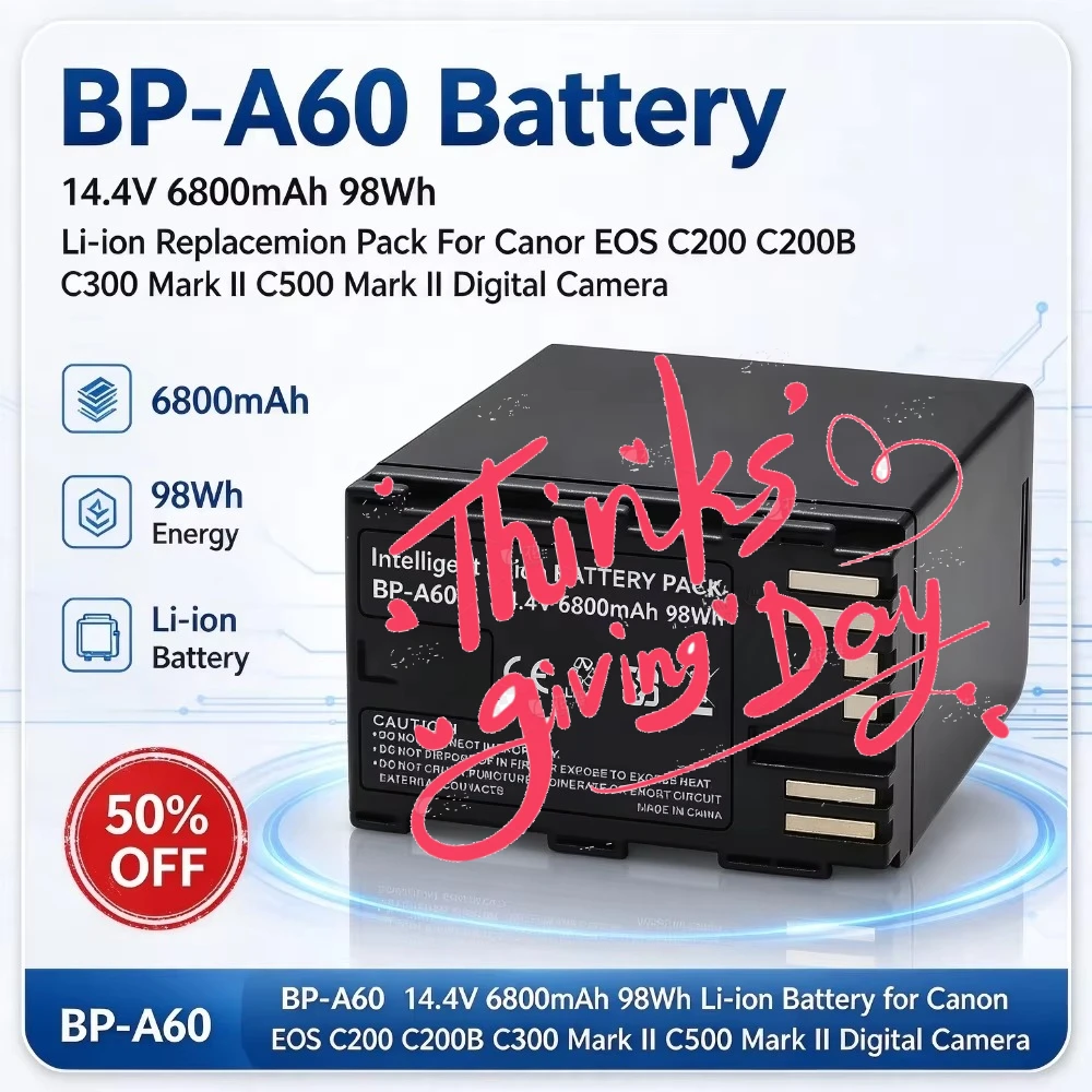 BP-A60 14.4V 6800mAh 98Wh Li-ion Replacement Battery Pack for Canon EOS C200 C200B C300 Mark II C500 Mark II Digital Camera