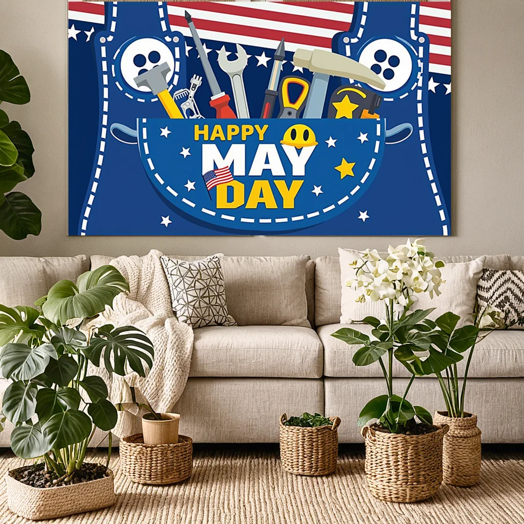 لافتة يوم العمال بخلفية زرقاء، لافتة يوم سعيد، لافتة احتفال بالولايات المتحدة الأمريكية لحدث حفلات الاحتفال بعيد العمال