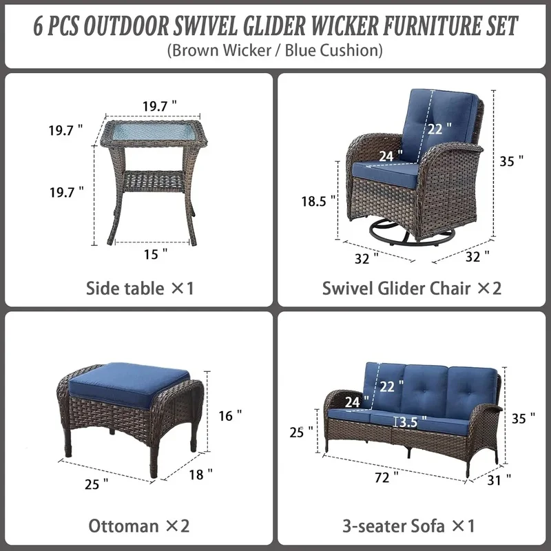 

6-Piece Outdoor Wicker Furniture Set with Swivel Rocker Chairs for Patio, Deck, and Backyard Conversations