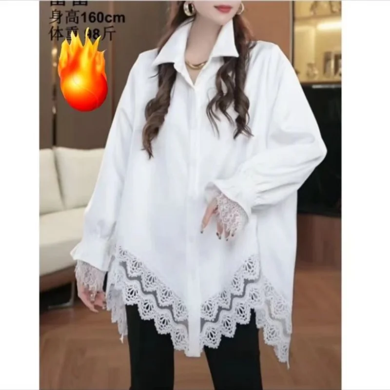 

Lace Splicing Plus Velvet Warm Women's Autumn Winter Jacket with Casual Temperament Versatile Design Fashionable Shirt