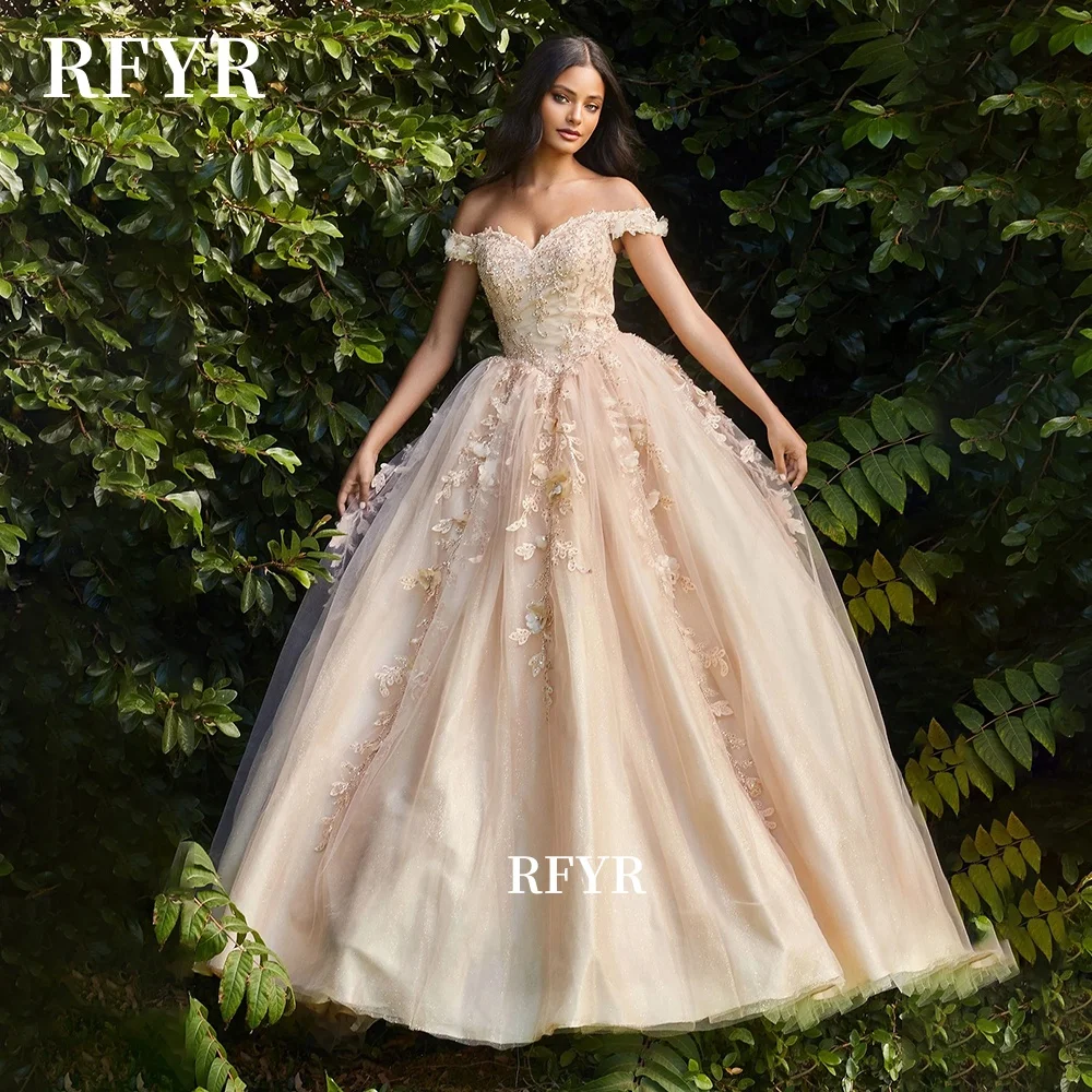 

RFYR Off Shoulder Party Dress Fluffy Quinceanera Dress with Applique Lace Up Back Pricess Gowns vestidos de fiesta Customized