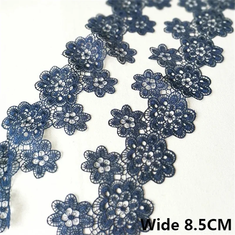 8.5CM Wide Exquisite Navy Blue Cotton Guipure Lace Fabric Embroidered Flowers Fringe Ribbon Collar Trim DIY Dress Sewing Decor