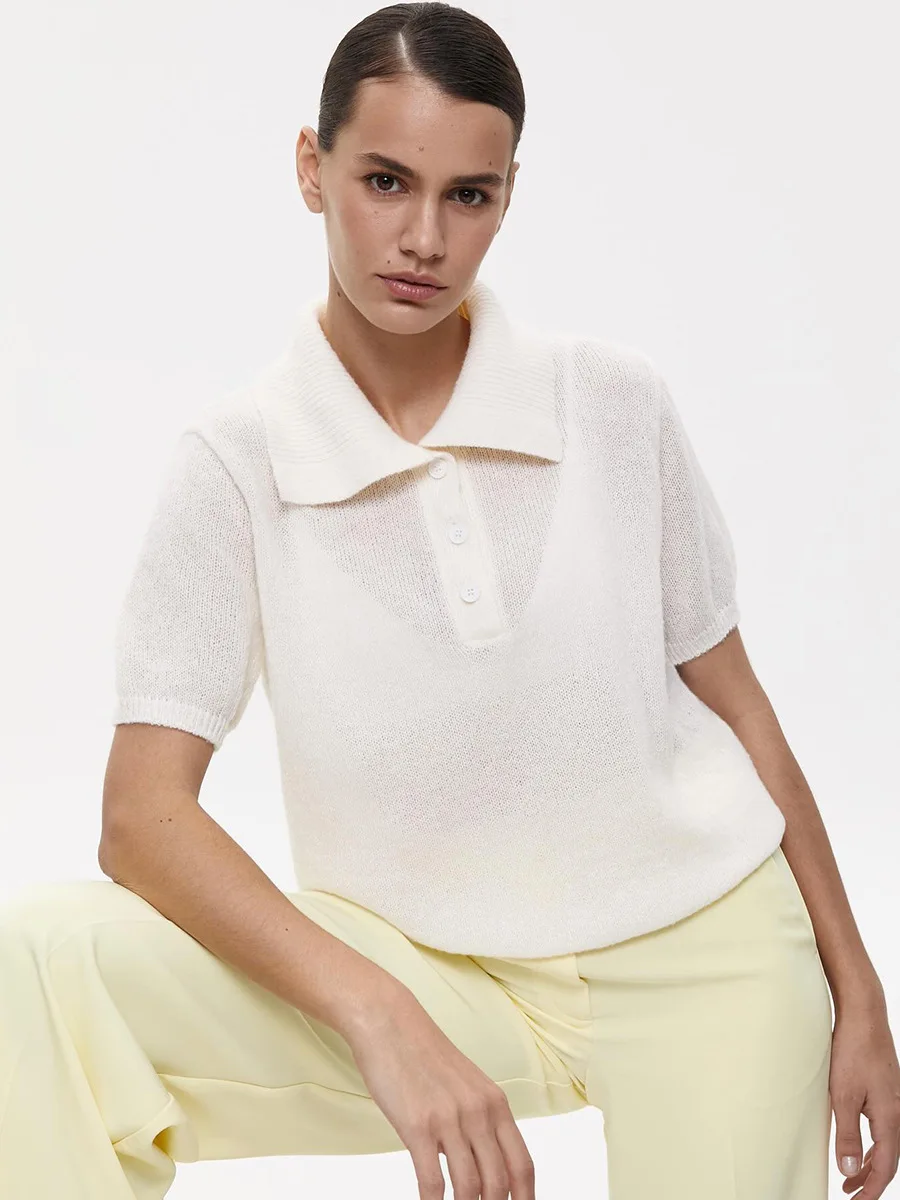 Bronladies Damen Polo Hohlstrick Kurzarm Pullover Frühling Sommer Puffärmel T-Shirt Damen Einfacher Strickpullover – Detail 10