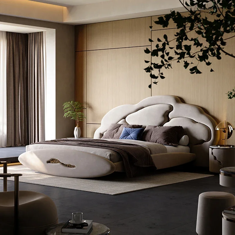 Luxury Designer Leather Double Bed, Master Bedroom, Italian Minimalist Wedding Bed, Bedroom Furniture