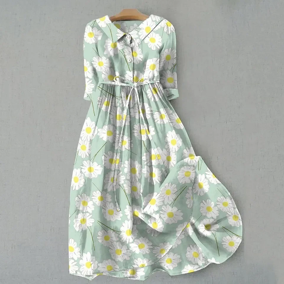 Women Korean Lace Up Waist Dresses Summer Half Sleeve Trendy A Line Shirt Midi Dress Ladies Elegant Vintage Flower Tunic Dresses