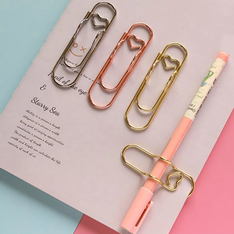 15pcs Love Shape Paperclips Multifunctional Paper Fix Clip Metal Pen Holder Clip Journal Document Clips Notebook Pin Accessories