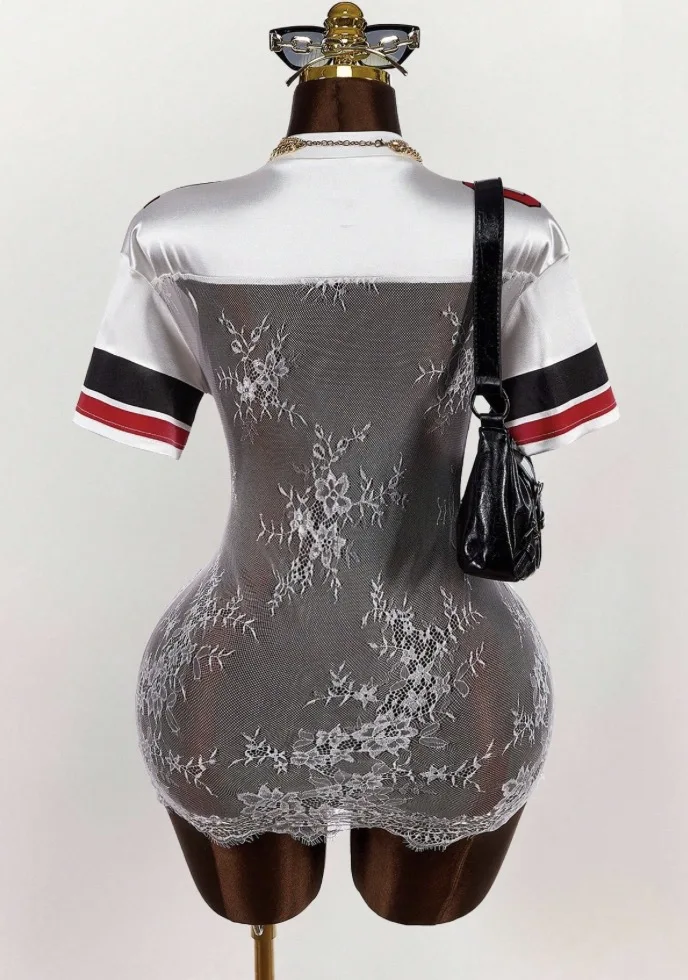 레이스 패치워크 디지털 프린트 시스루 미니 드레스 여성 2025 가을 반팔 브이넥 자카드 스트레치 파티 클럽 바디콘