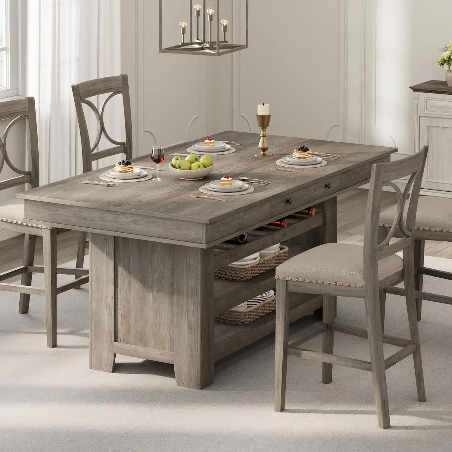 Counter Height Table 4-6, Wood Bar Table with Wine Rack Drawer Shelves, Thick Top Kitchen Bar, Heavy Duty Gray, Customized