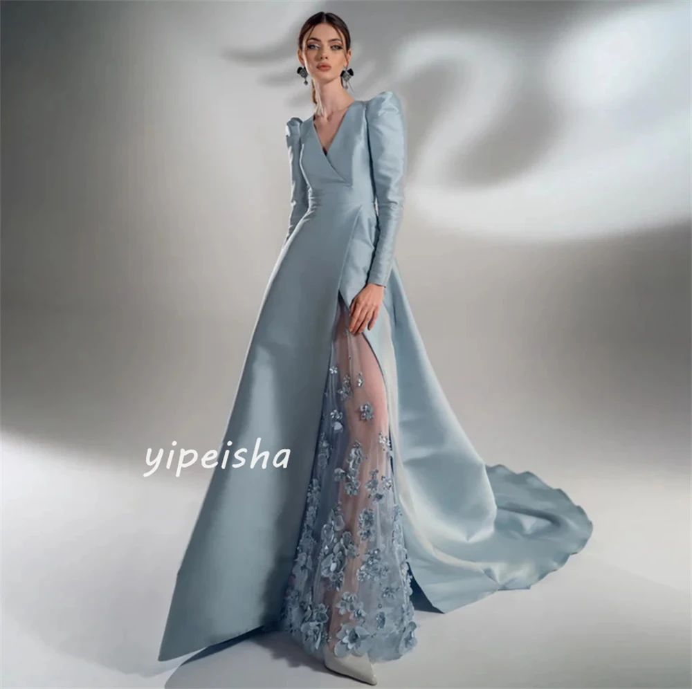 Satin Flower Beading Ruched Celebrity A-line V-neck Bespoke Occasion Gown Long Dresses