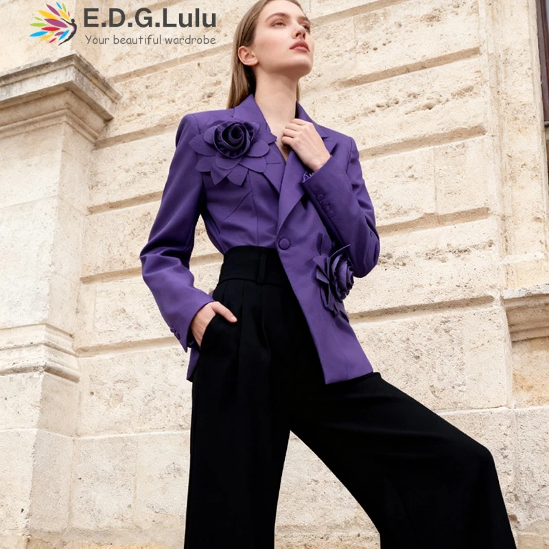 

EDGLuLu Turn-Down Collar Long Sleeves Purple Coats For Woman 3d Flower Splicing Office Lady Blazer Coat 2025 New 1109