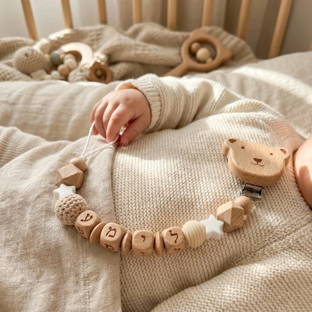 Hot Custom Hebrew Name Pacifier Clip Animal Bear Personalized Baby Chain Pastel Holder Newborn Baby Shower Gift Hebrew Letter