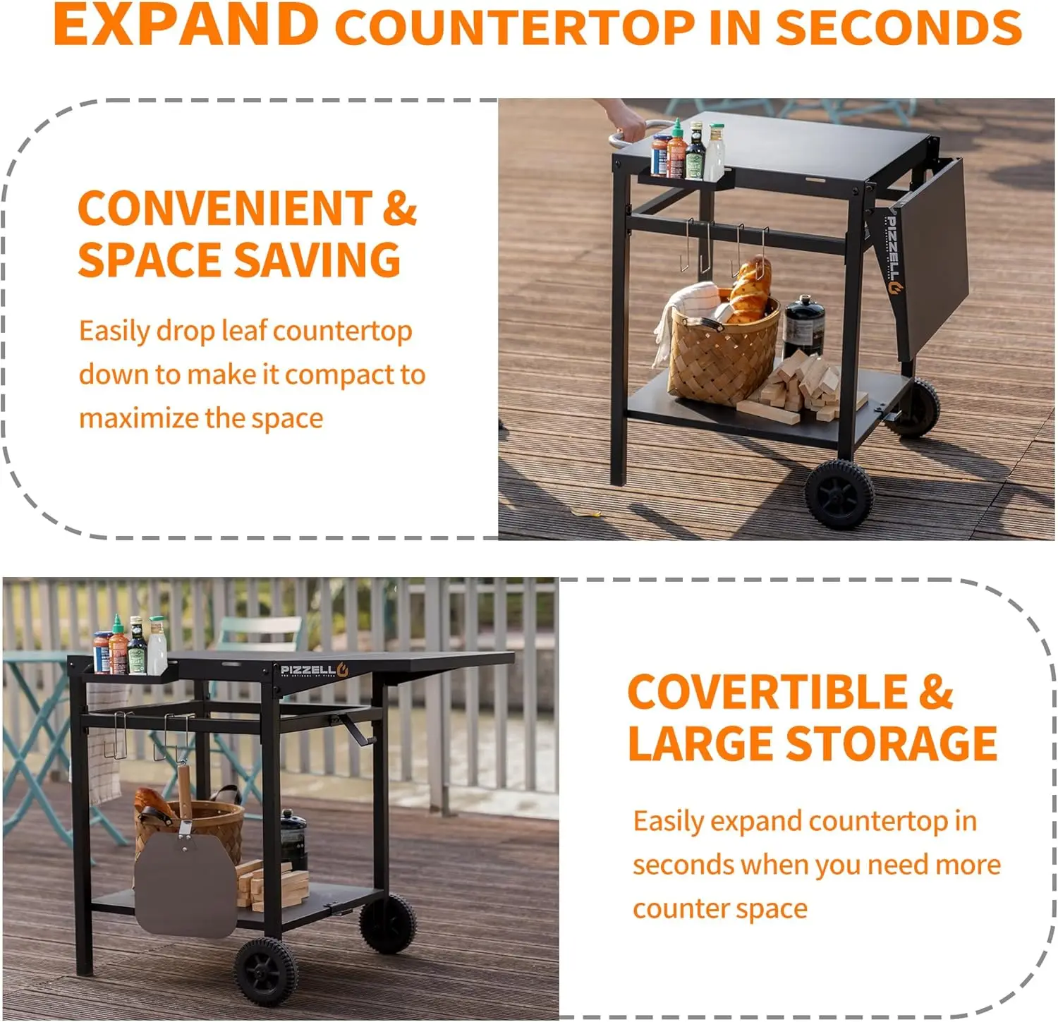 Outdoor Grill Cart Double-Shelf Grill Table Foldable Tabletop Movable Food Prep Pizza Carts Outside Kitchen Pizza Oven Stand