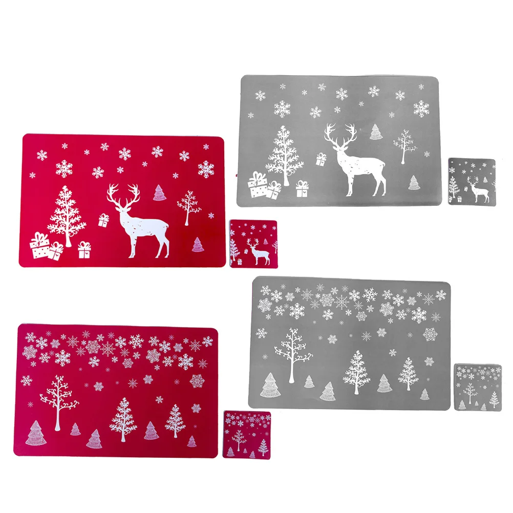

12pcs Christmas Placemats Cup Mats Set Grey Printed Table Protectors Pvc Waterproof Non-Slip Holiday Dinner Decor For Home