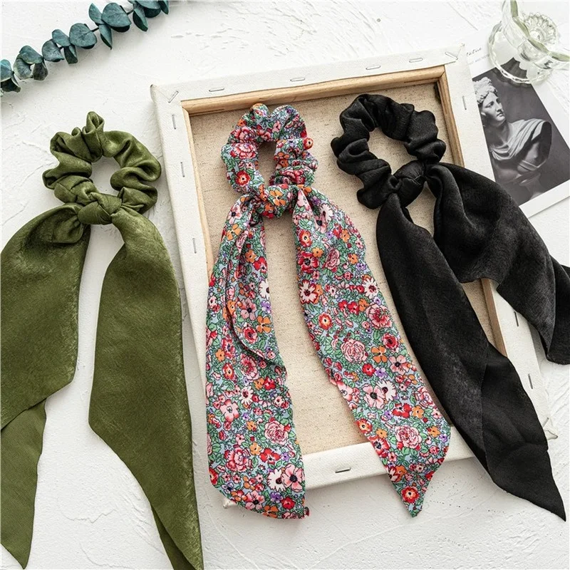 Fashion Floral Print Scrunchies Solid Color Hair ribbon For Women Ponytail scarf Satin Silk Elastic Hair Bands Hair Accessories