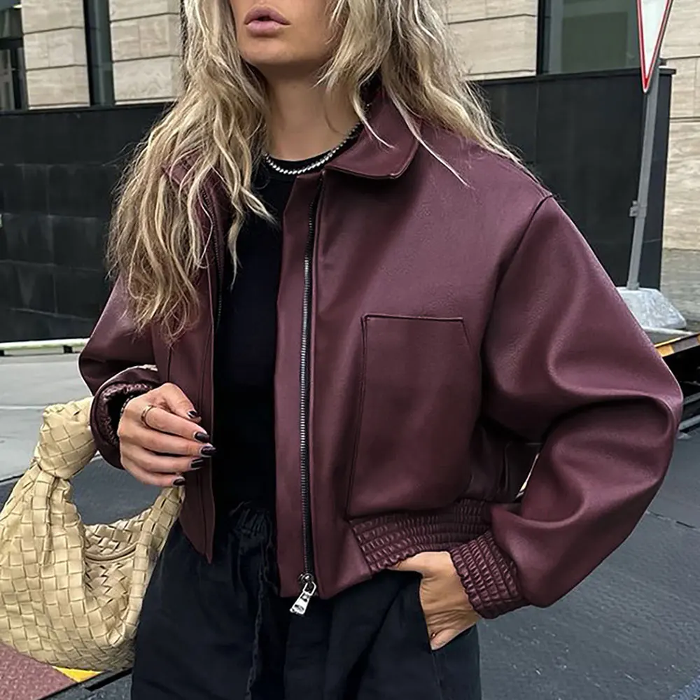 سترة نسائية من جلد البولي يوريثان بتصميم ريترو للدراجات النارية، سترة ربيعية بمزاج شخصي فضفاض كاجوال بتصميم عصري أوروبي أمريكي #1