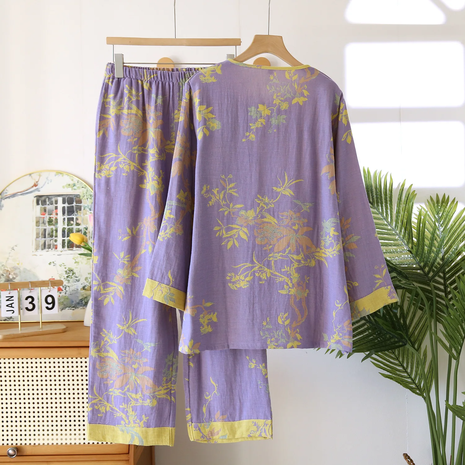 Farbe gewebte Baumwolle Damen lange Hosen Home Kleidung Retro-Stil orange lila Farben 2 Stück Pyjama dünne Frauen Kleidung Set – Detail 7