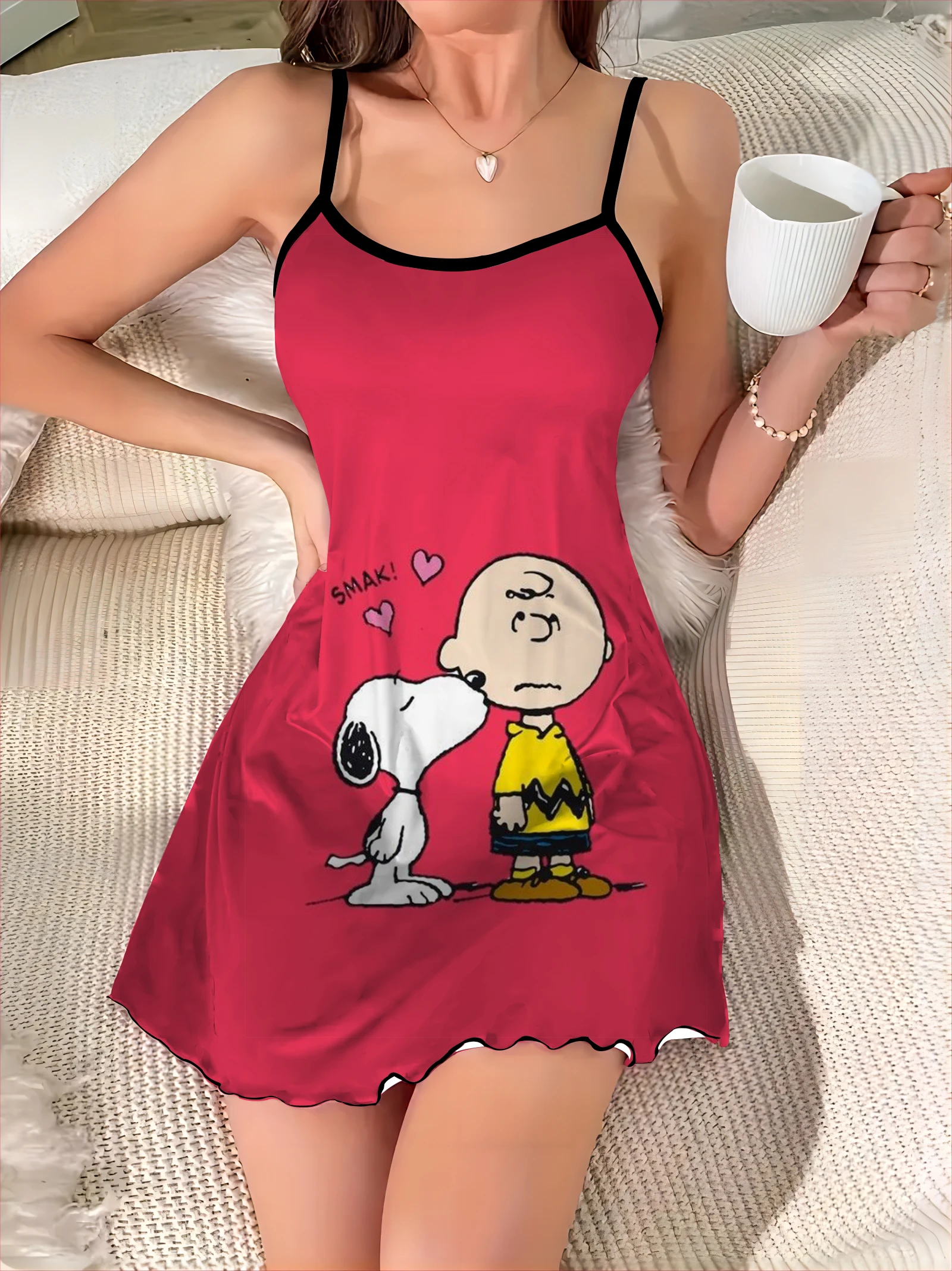 Crew Neck Home Dress Snoopy Satin Surface Elegant Dresses for Women Pajama Skirt Lettuce Trim Fashion Summer 2024 Chic Mini Sexy