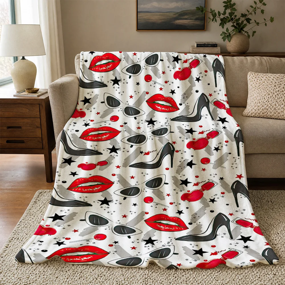 Glamour Lips and High Heels Throw Blanket for Couch Decor Chic Fashion Statement Cozy Gift