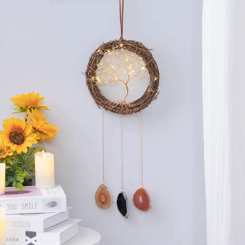 

Handmade Wicker Dream Catcher Interior Ornament Vintage Citrine Tree of Life Suncatcher Agate Stones Home Living Room Decoration