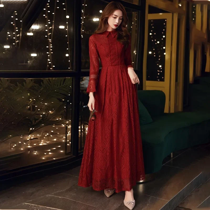 

Evening Dress Burgundy Elegant High Neck Empire Full Sleeves Floral Print Floor-Length A-Line New Woman Formal Party Gown A2396