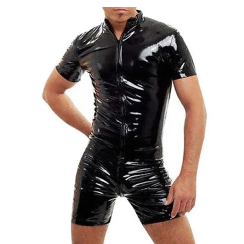 100% Latex Rubber Front Zipper Black Men's Fitness Uniforms Size XS~XXL