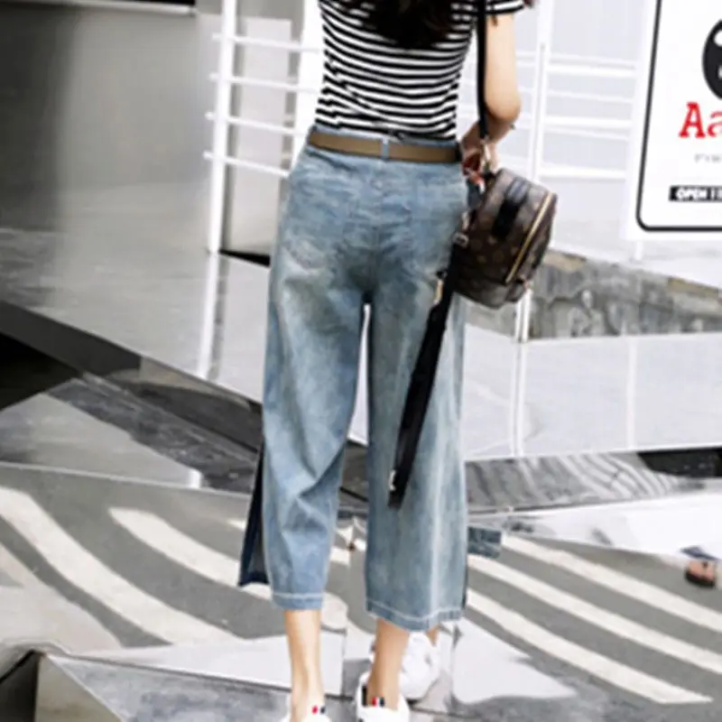 Jeans 2023 Primavera/Verão Novas Mulheres Finas Dividir Calças de Perna Larga Mostrar Fino Moda Cintura Alta Denim Calças Casuais