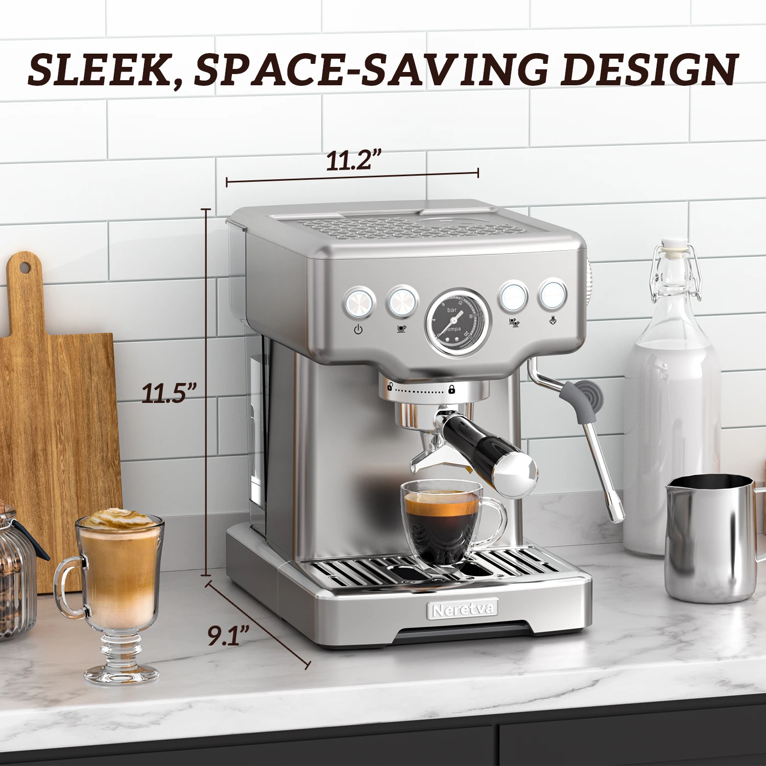 Neretva เครื่องชงกาแฟ15บาร์พร้อมเครื่องหนีบผมเครื่องตีฟองนมสำหรับคาปูชิโน่ลาเต้ macchiato เครื่องชงกาแฟมืออาชีพ1450W