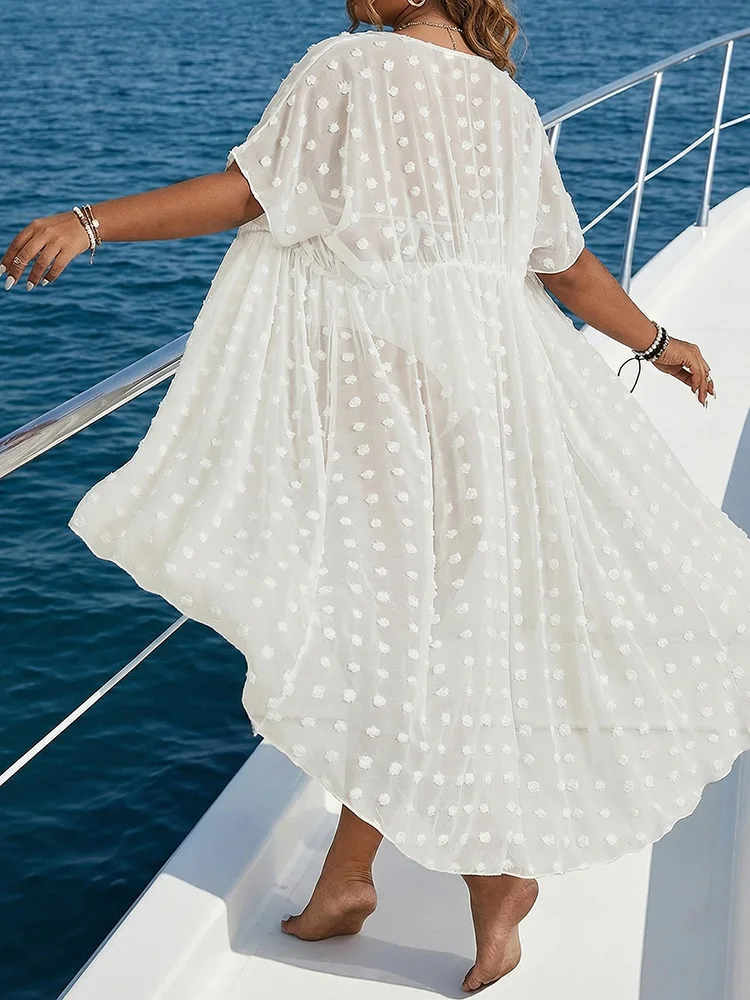 GIBSIE Plus Size Swiss Dot Jacquard Chiffon Tie Beach Cover Up Women Summer Long Kimono Cardigan Bathing Suit Vacation Beachwear view 2