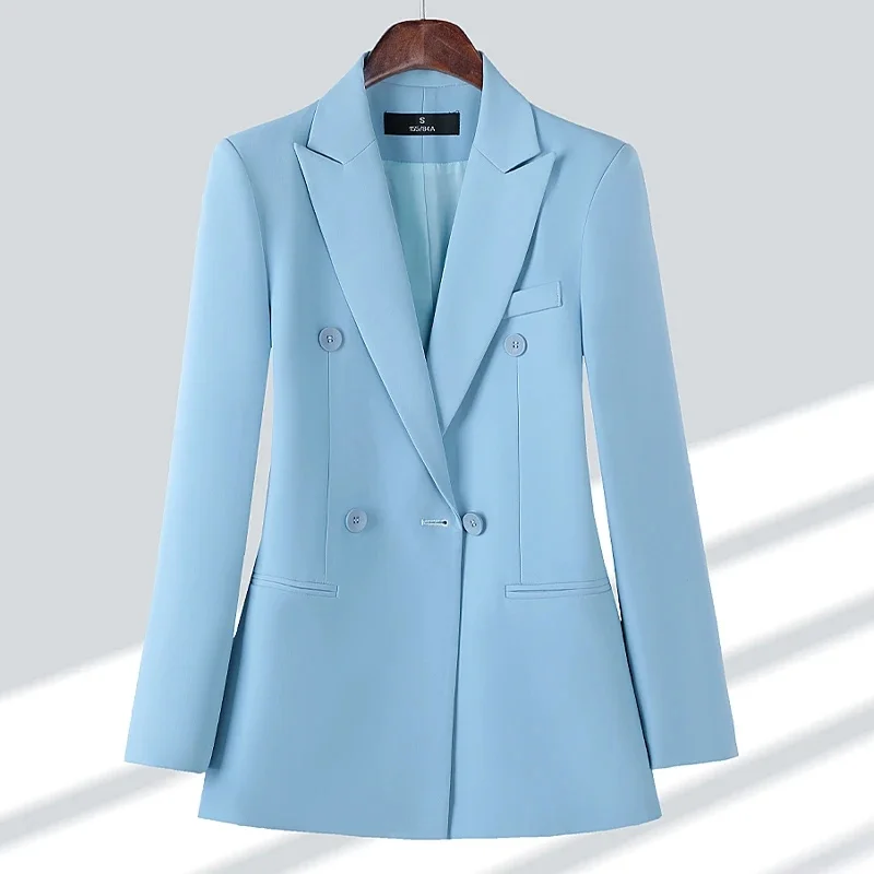 

GELITAYIN Spring Autumn Women Formal Blazer Ladies Suit Female Long Sleeve Double Breasted Straight Jacket Coat