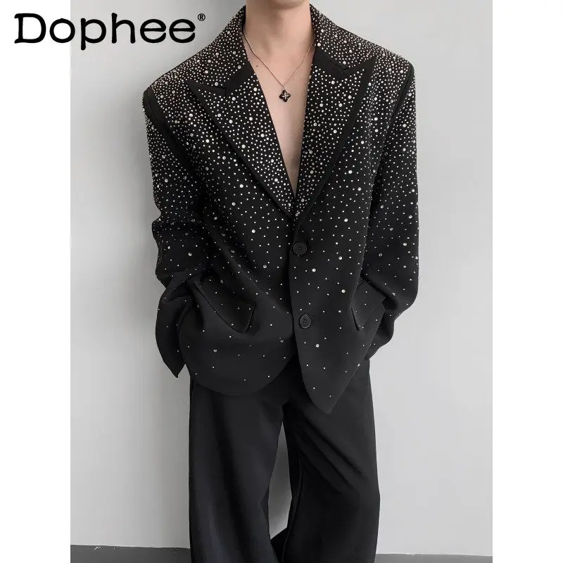 

2025 Autumn Men's Heavy Rhinestone Mid-Length Blazer Korean Style Trendy Shiny Fashion Lapel Jacket