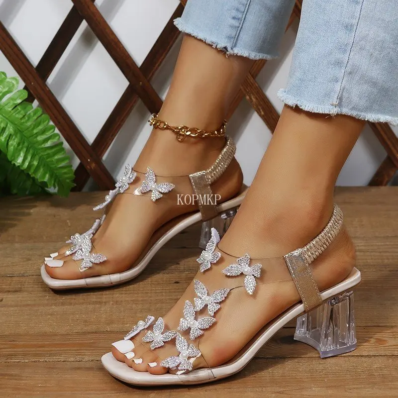 2023 Summer Women\'s Sandals Fashion Transparent PVC Rhinestone Butterfly Wrap Clear Heel Banquet Luxury Wedding Bridal Shoes 43