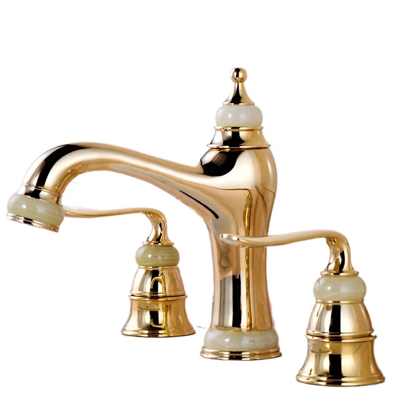 

All-copper European three-hole basin faucet, jade gold basin double-handle hot and cold faucet, rose gold.