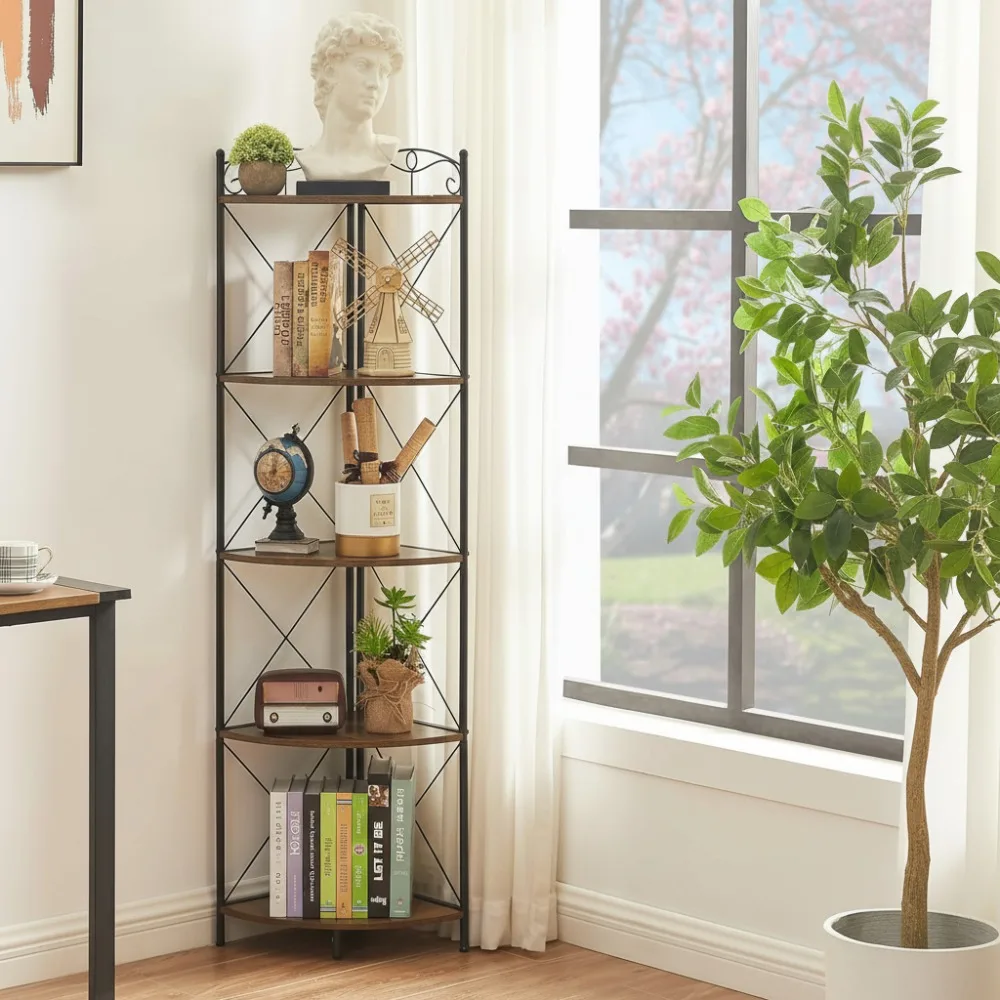 

5-уровневая угловая полка, стойка для хранения коричневого цвета высотой 55,2 дюйма, компактный органайзер для небольших квартир и домашнего декора