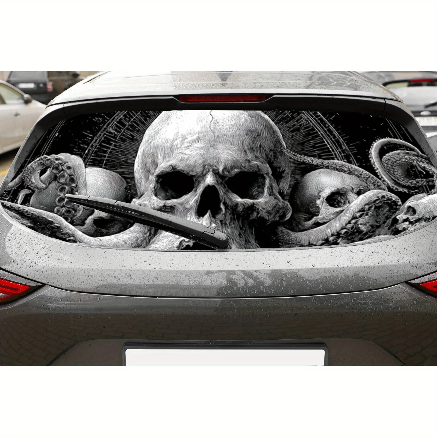 

Dark Style Skull and Octopus Print PVC Perforated Car Vinyl Wraps, Durable Car Rear Windshield Sticker, Waterproof Car Rear Wind
