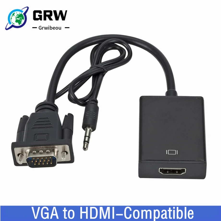 Grwibeou 1080P VGA to HDMI-compatible Converter Adapter Cable With 3.5Mm Audio Cable For PC Laptop To HDTV Projector