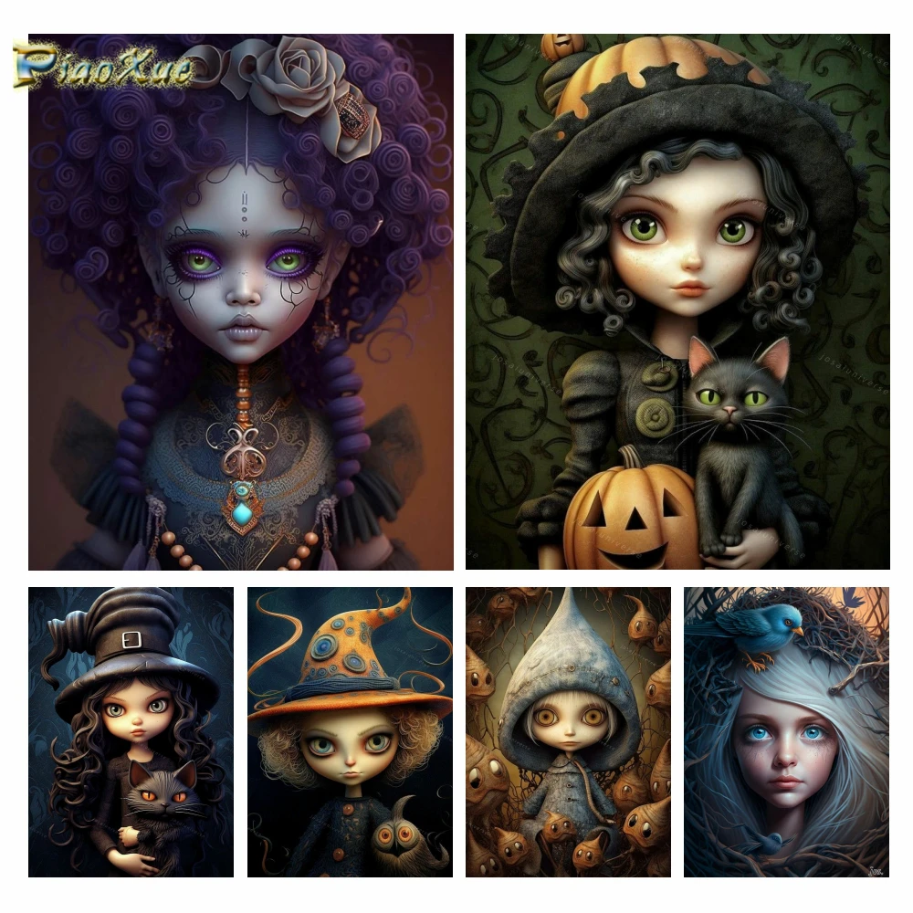 

Witch Girl Cross Stitch Kits 5D Diamond Painting Art Halloween Dark Cat Pumpkin Mosaic Embroidery Rhinestone Home Decor Craft