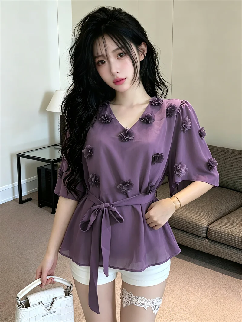 

Elegant Purple Floral Tunic Top for Women Summer Fashionable Breathable Loose Fit Short Sleeve Citywalk Friendly
