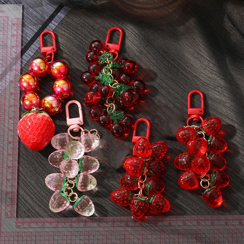 1PC Strawberry Cherry Red Beads Keychain Keyring For Women Girl Friend Simulated Fruit Bag Car Key Holder Airpods Box Jewelry