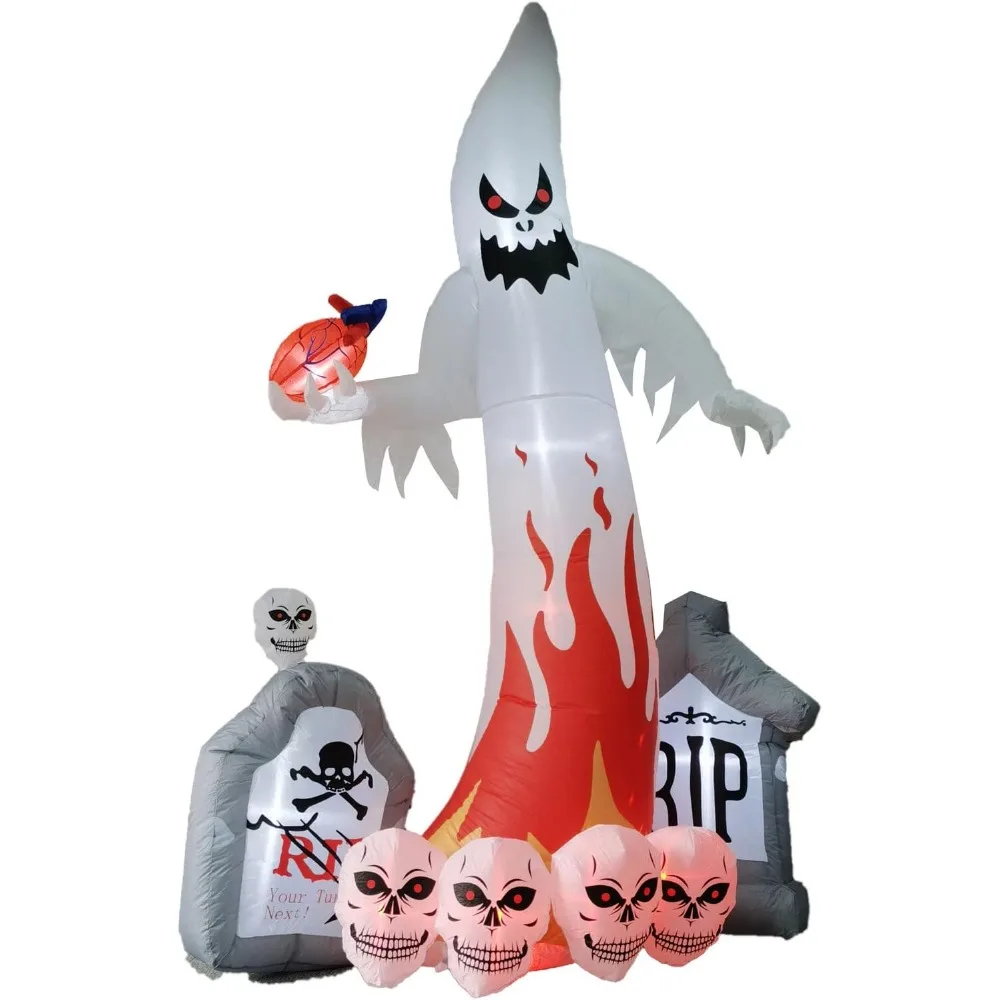 9-ft. Graveyard Ghost with Skulls Blow Up with Lights, Outdoor Halloween Inflatable Decoration for Lawn and Yard, Giant Spooky