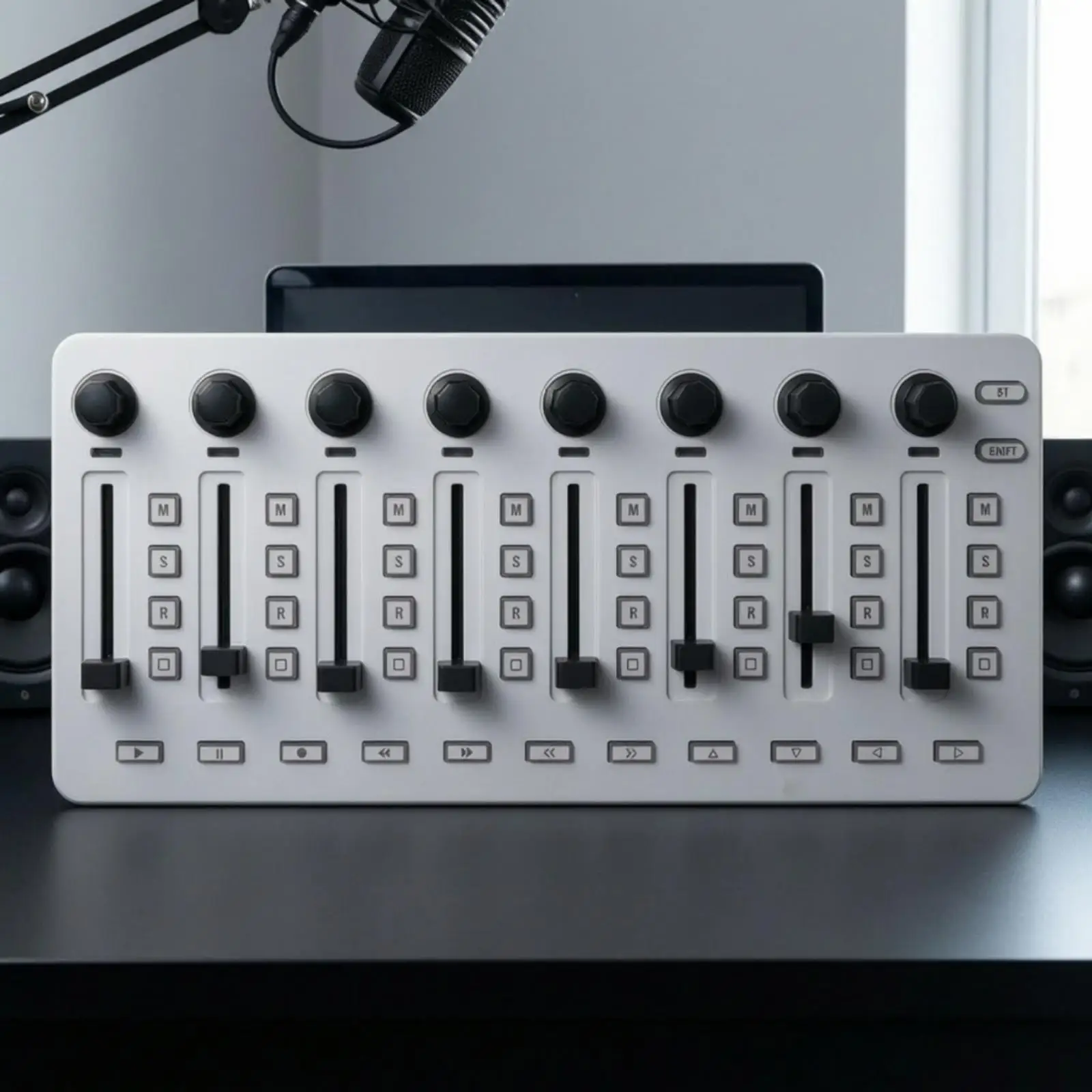 Compact MIDI Fader Controller with Eight Encoders and Alternate Button for Creative Workflow in Digital Audio Workstation