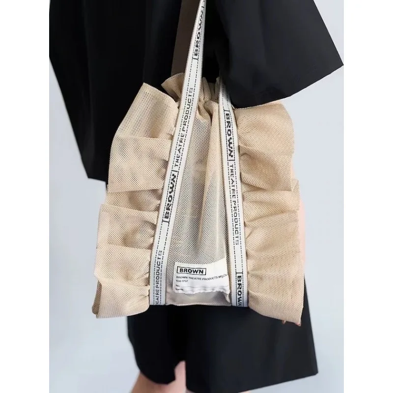 

Summer lace personalized transparent mesh lotus leaf single bag with embroidered letters fashion drawstring women's bag