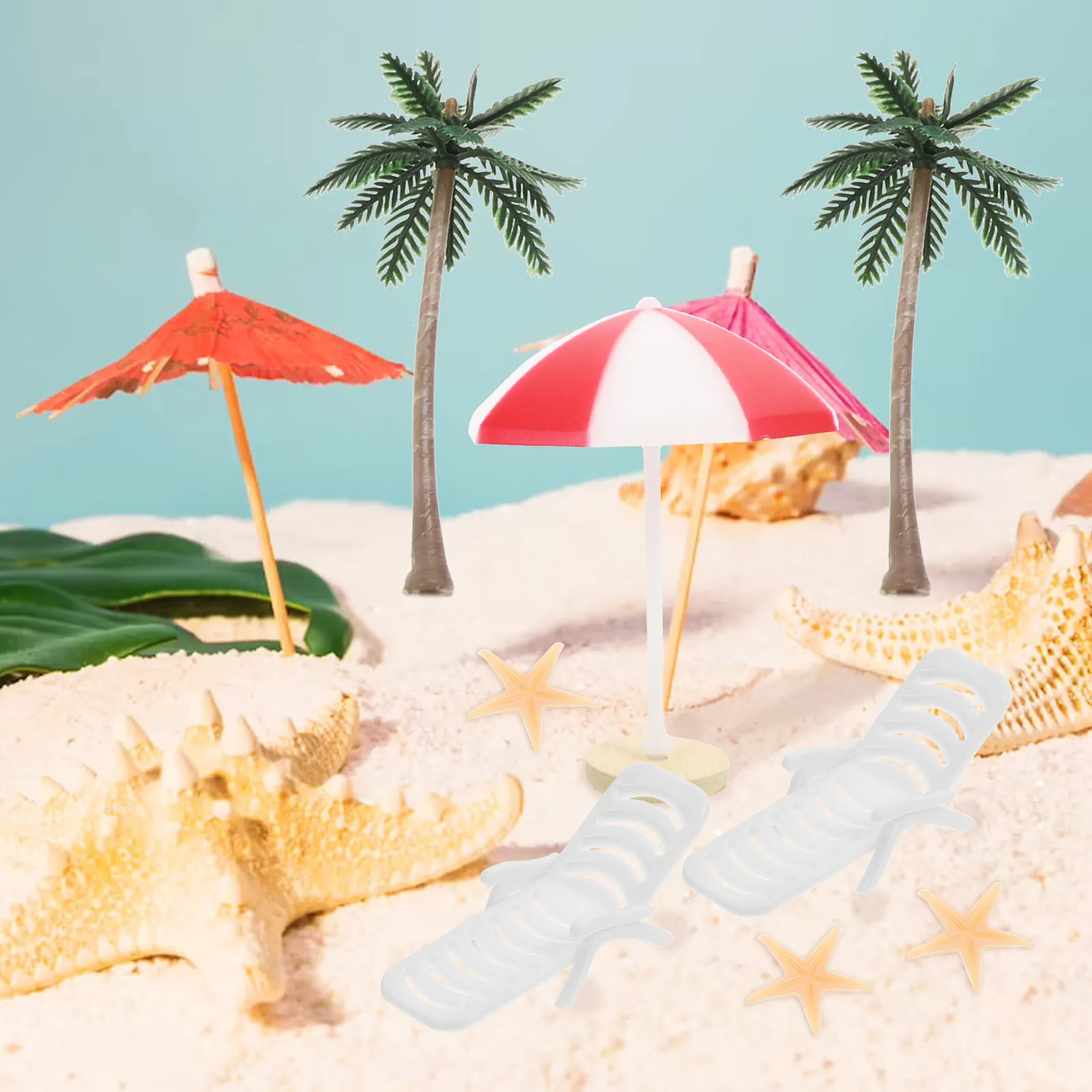

17Pcs Miniature Beach Decoration Realistic Mini Palm Tree Boat Chair Umbrella Micro Landscape Photography Cake Decor