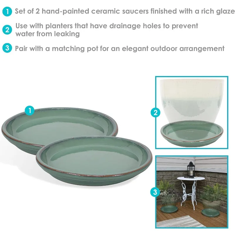 Ceramic Outdoor Flower Pot Saucers Set of 2 - UV- and Frost-Resistant -Seafoam Glazed Finish - 12-Inch