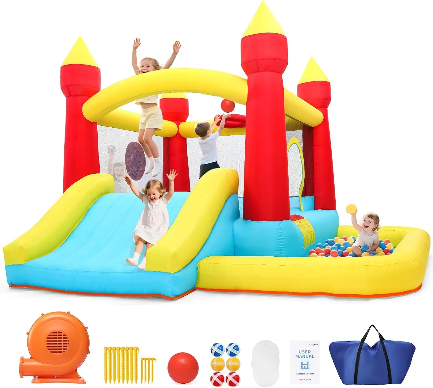 Inflatable Bounce House, Bouncy House with Blower, Bouncy Castle with Slide, Ball Pit, Jump House for Indoor Outdoor Backyard Pa