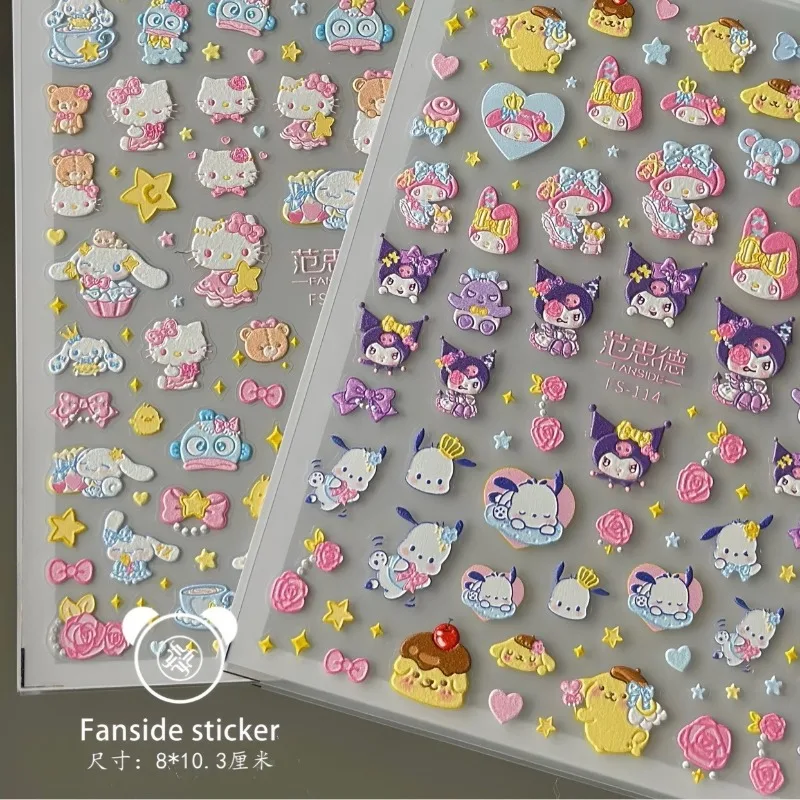 Sanrio Three-dimensional Relief My Melody Kuromi Cinnamoroll Hello Kitty Waterproof Manicure Nail Stickers Decorative Stickers