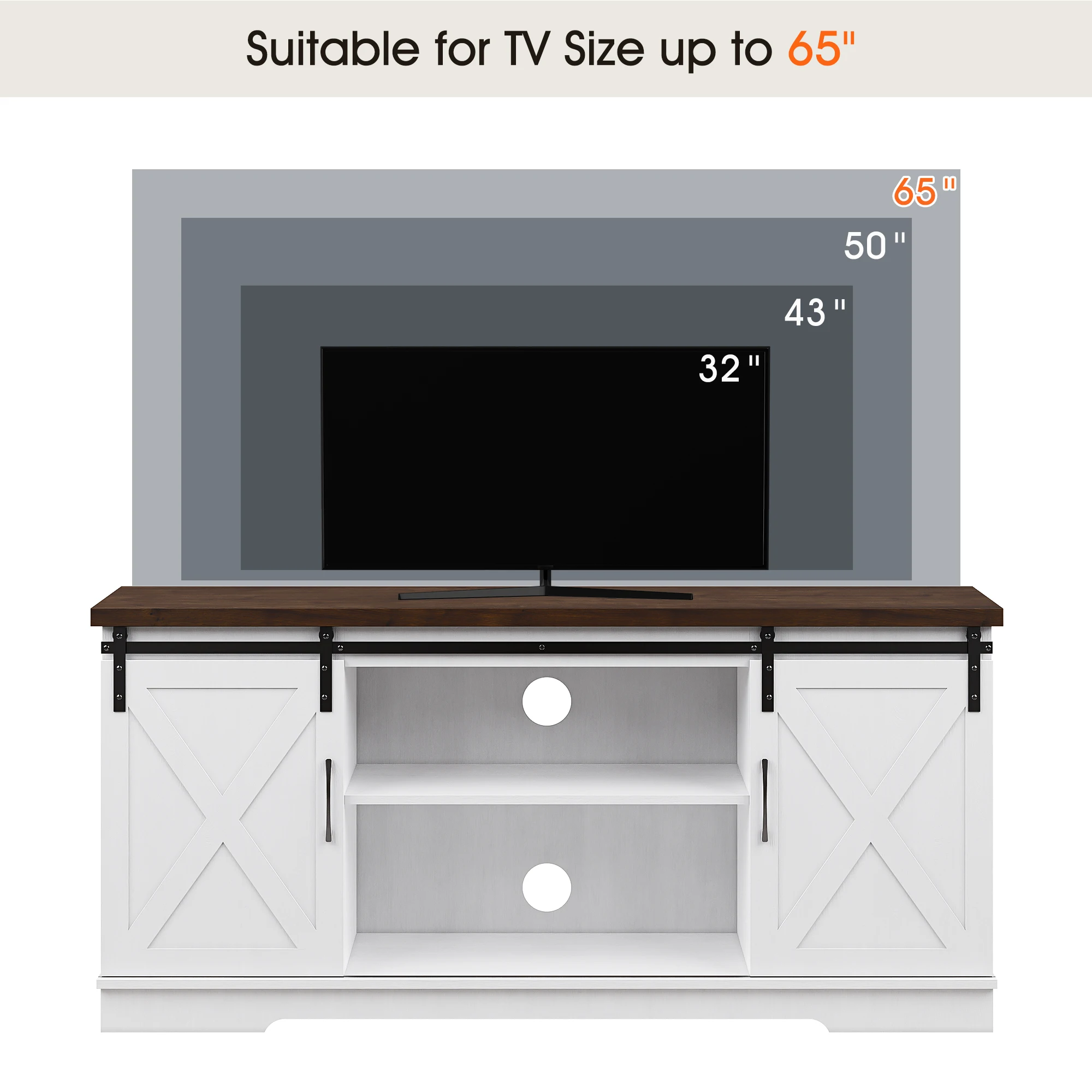 Farmhouse Tv Stand for 65 Inch Tv, Entertainment Center Tv Media Console Table, Tall Tv Stand with Storage, Barn Doors