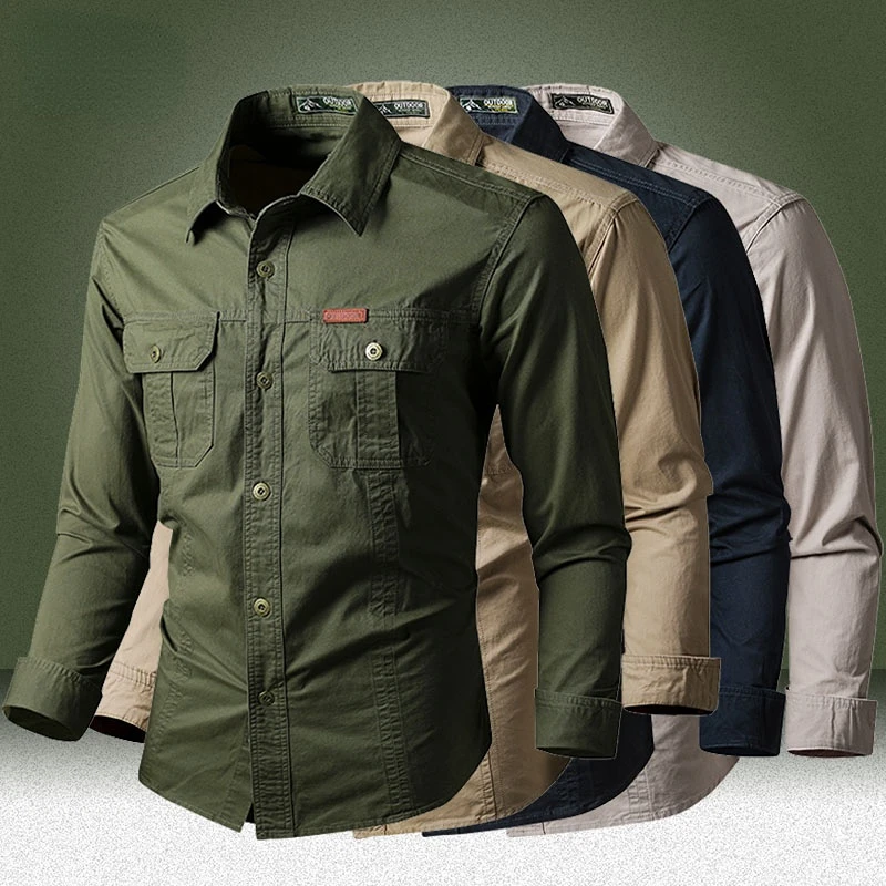 

Military Cargo Shirts Men Spring Autumn Cotton Casual Slim Fit Tops Outdoor Long Sleeve Tactical Shirt Army Denim Work Shirts