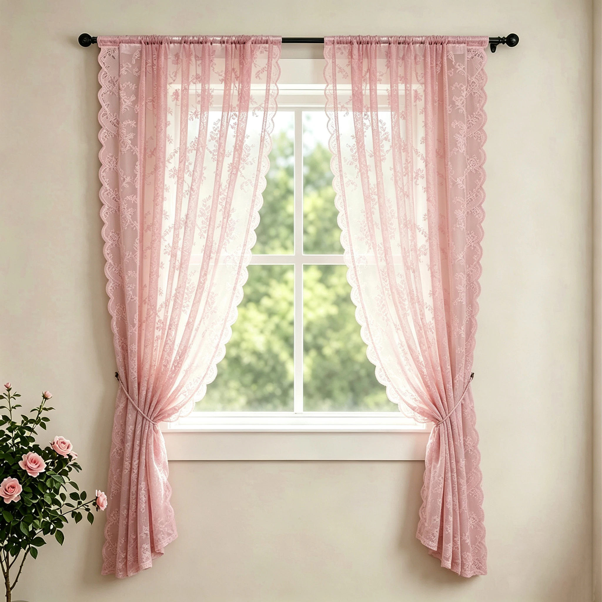 1PC Pink Floral Lace Sheer Curtains Wavy Edge Window Voile for Bedroom Living Room Decorative Light Filtering Panel