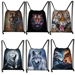 Howling Wolf Under The Moonlight and Colorful Tiger Backpack Women Men Outdoor Drawstring Bags for Travel Student Bookbags